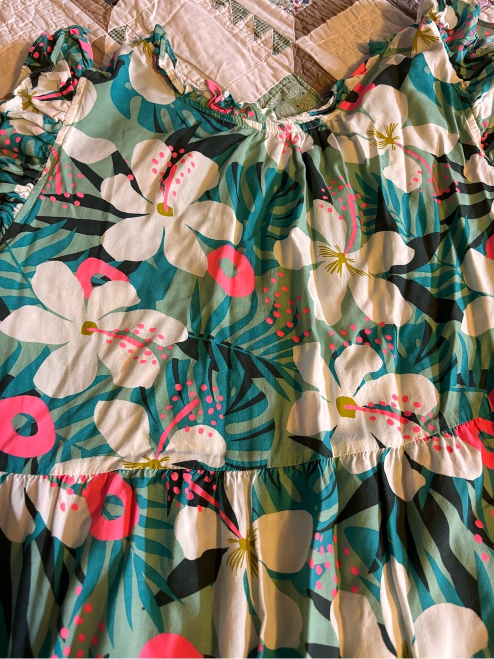 THML Teal Floral Tiered Midi Dress with Coral Accents - Picture 2 of 4